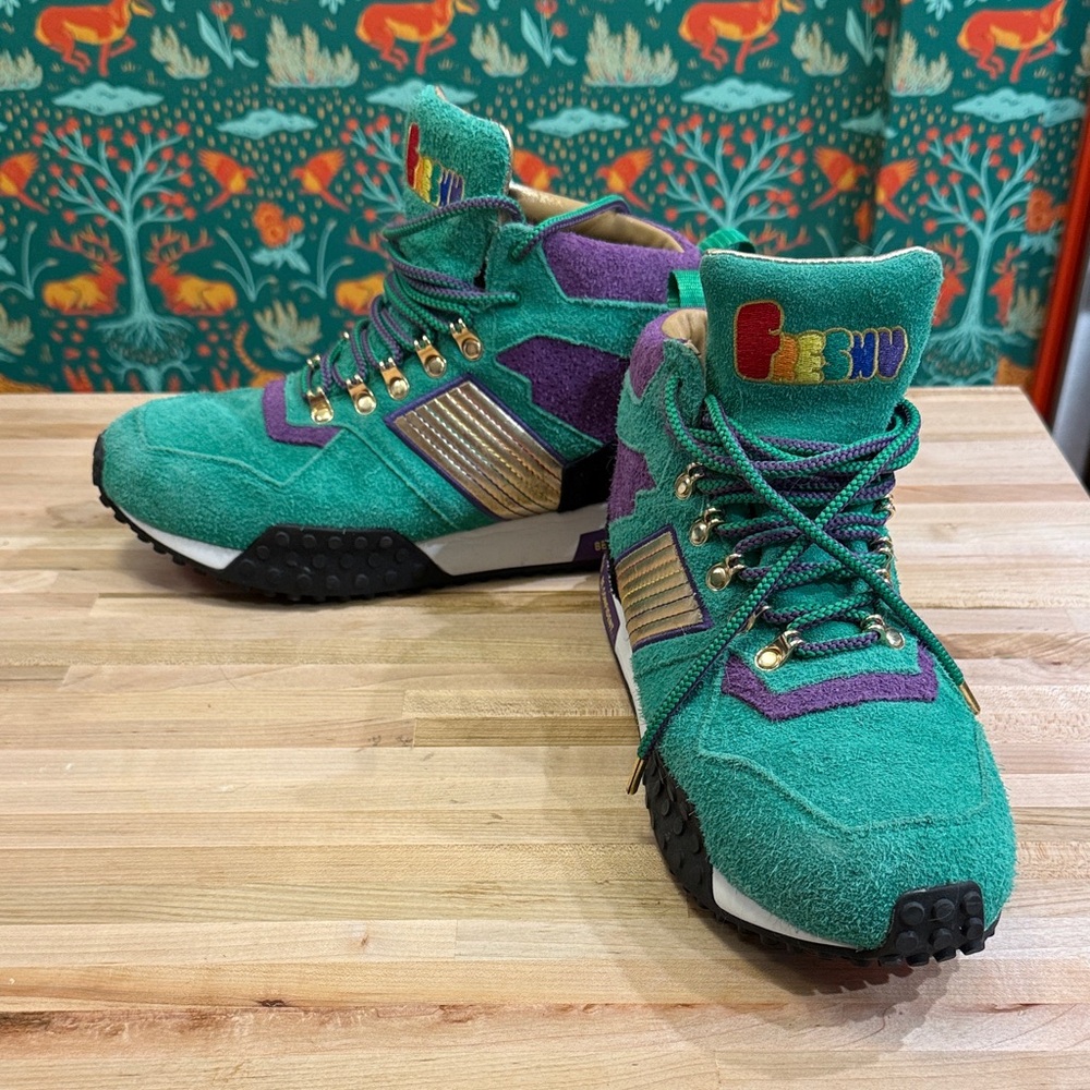 Freshy Green & Purple High-Top Suede Boots with Gold Accents